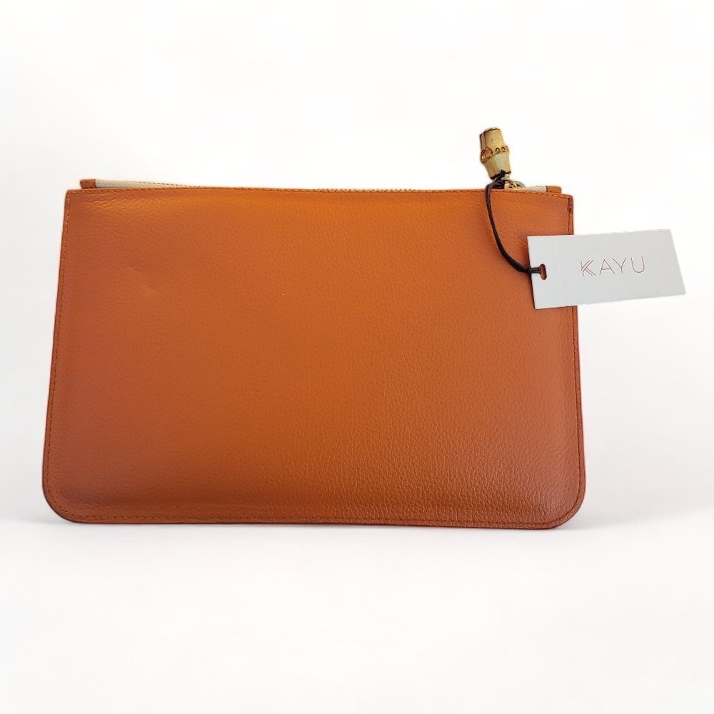 NWT Kayu Orange Tangerine Padded Leather Clutch Bamboo Zip Toggle